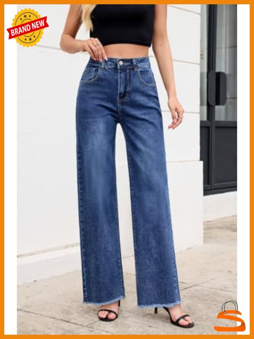 High Waisted Straight Leg Flare Jeans Stretchy Raw Hem Denim Pants - Picture 2 of 6
